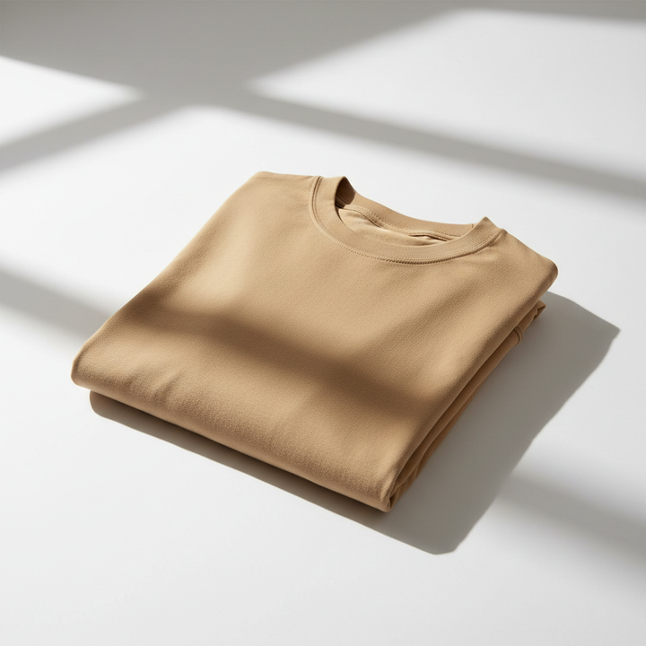 Sand beige heavyweight cotton T-shirt on an off-white background